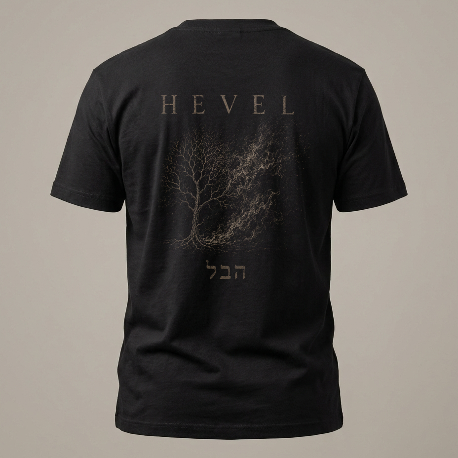 HEVEL black t-shirt, tree dissolving into smoke with the Hebrew word הבל
